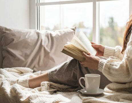Woman Relaxing with a Book and Coffee by the Window.