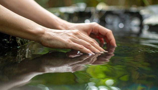 Womans Hands Gently Touching Serene Water Surface in Nature.