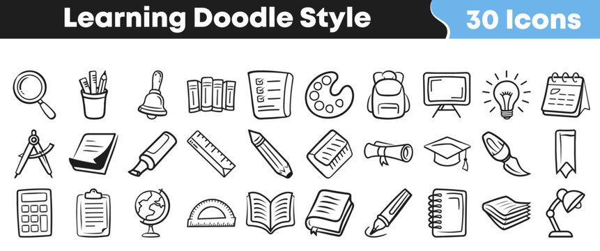 This collection of hand-drawn doodle style icons illustrates various essential tools and symbols for education, schooling, and academic pursuits.
