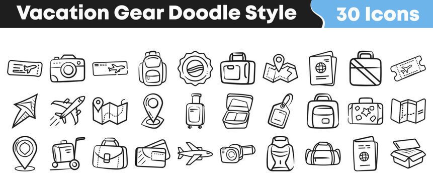 Set of hand drawn travel and vacation icons featuring various luggage items airplanes cameras and maps for creative projects