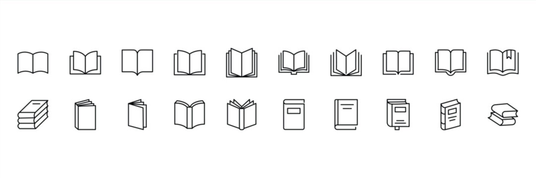 Book line icons set. Open brochure, magazine, literature, dictionary, audiobook, learning, encyclopedia education, information reference vector illustration. Outline sign for library. Editable Stroke