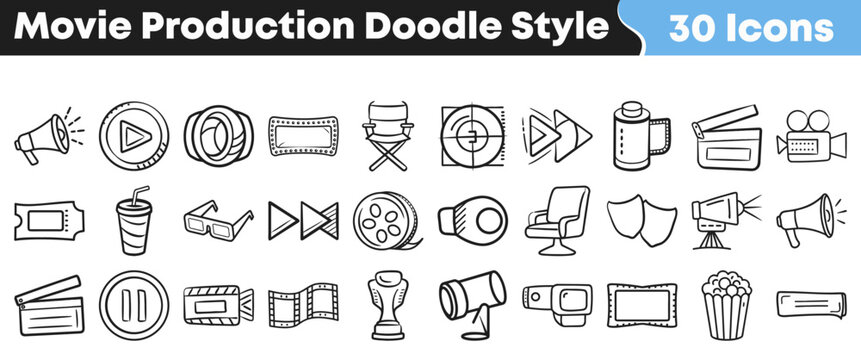 Hand drawn collection of thirty different movie production icons featuring film equipment and cinema elements in a sketch doodle style
