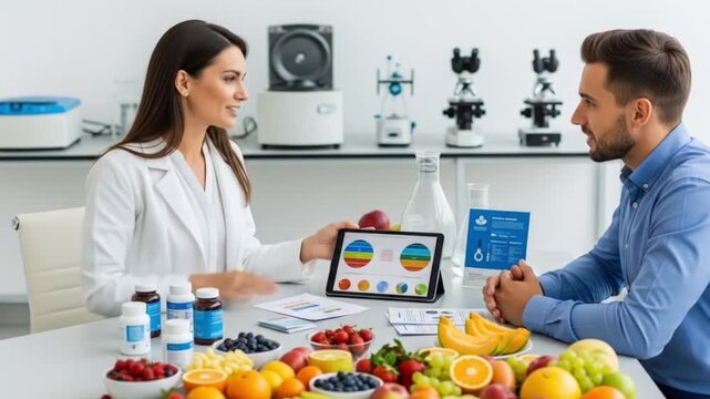 A female nutritionist consults a male patient about healthy eating and supplements, displaying data on a tablet amidst a table full of fresh fruits and bottles in a clinical setting.