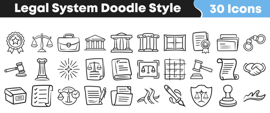 Thirty hand drawn legal system icons featuring various law and justice elements in a charming and clean doodle style set