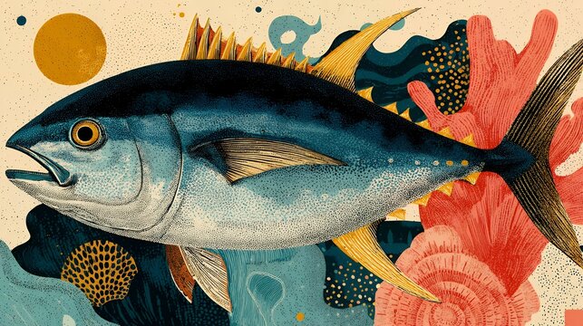 stylized ocean conservation background for World Tuna Day, flat Memphis-boho hybrid illustration, tuna fish integrated with abstract ocean currents