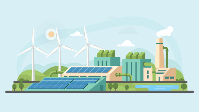 Solar panels and wind turbines with green industrial factory in eco landscape representing renewable energy production and sustainable environment