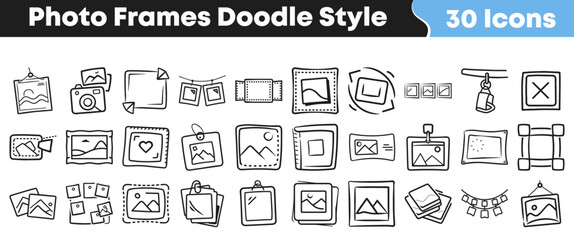 A comprehensive collection of hand-drawn photo frames and various related doodle style icons perfect for digital design projects and creative media. © Vectoravec