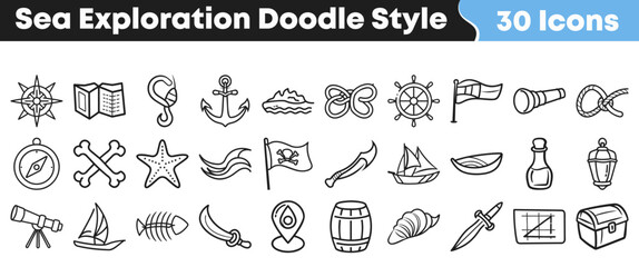 A vibrant collection of 30 hand-drawn doodle style icons depicting essential elements for sea exploration, pirate adventures, and nautical themed designs. © Vectoravec