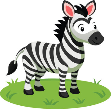 Cute cartoon zebra standing on green grass, stylized animal illustration, transparent background.