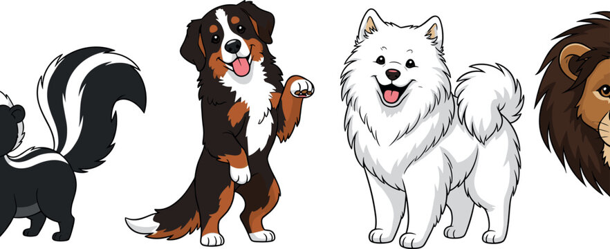 Cute dog breeds vector illustration set featuring cartoon skunk Bernese mountain dog Samoyed and lion character animals isolated