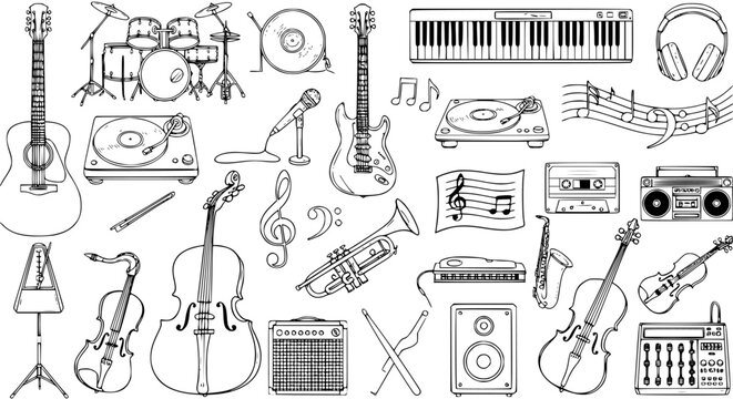 Music Industry Black and White Line Art Set of Hand-Drawn Musical Instruments, Audio Equipment, and Sound Elements Doodles for Concerts, Education  Design