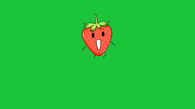 cute strawberry cartoon character on green background simple flat animation loop fresh fruit concepts