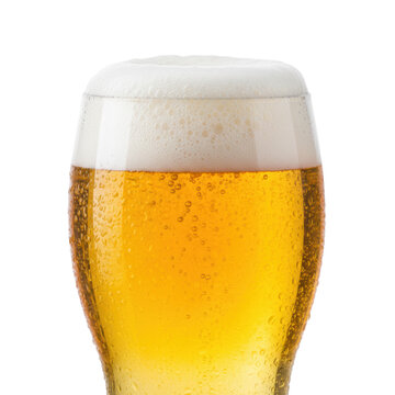 Glass tumbler filled with golden lager beer, dense creamy white foam head, condensation droplets on glass surface, isolated on transparent background, refreshment