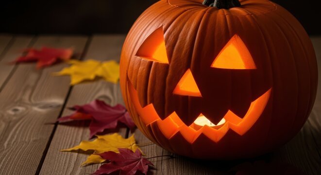 Spooky carved pumpkin with glowing eyes and a scary face sits on a wooden surface with autumn leaves