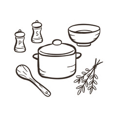 Kitchen cookware doodle set with pot spoon herbs and spices hand drawn © Colomba Rossa