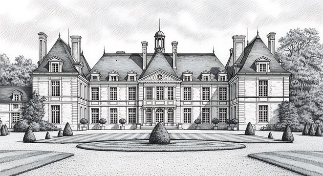 Elegant black and white architectural illustration of a large chateau