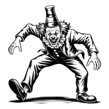 A whimsical black and white illustration of a scary clown with exaggerated features and a cute killer expression.	