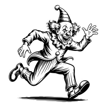 A whimsical black and white illustration of a scary clown with exaggerated features and a cute killer expression.	