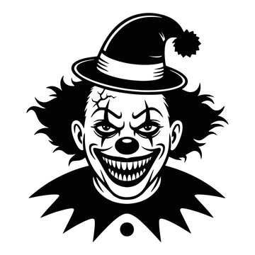 A whimsical black and white illustration of a scary clown with exaggerated features and a cute killer expression.	