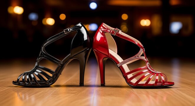 Elegant black and red high heeled shoes displayed on wooden surface
