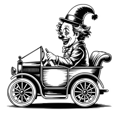 A whimsical black and white illustration of a cheerful clown with exaggerated features and a cute expression in a car.