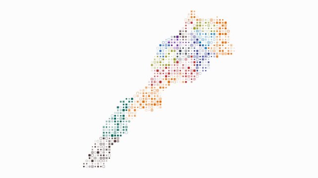 Morocco animated country shape. Pulsating colored dots on the map of the country. Small size rounded square blocks. Digital style Morocco map on white background. Artistic animation video.