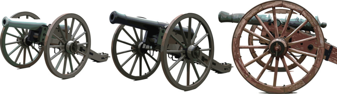 Vintage Military Cannon Artillery Icon Set with Wooden Wheels and Historic War Equipment Illustrations for History, Defense, and Battlefield Themes