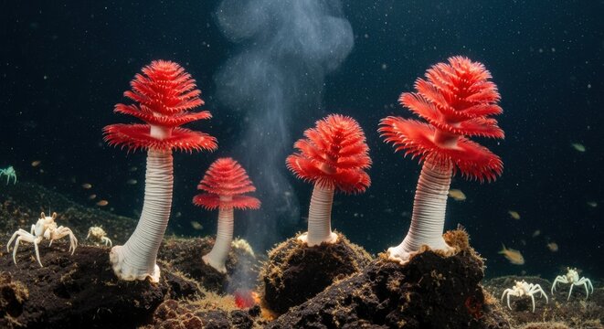 Vibrant Red Christmas Tree Worms Underwater on Rocky Seabed