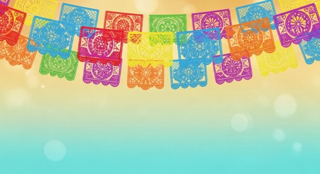 Colorful Mexican Banner Frame on Teal and Yellow Gradient