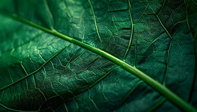 Macro Close-Up of Tropical Leaf Texture with Deep Green Veins, Highly detailed leaf surface with natural patterns and soft lighting for abstract nature backgrounds.