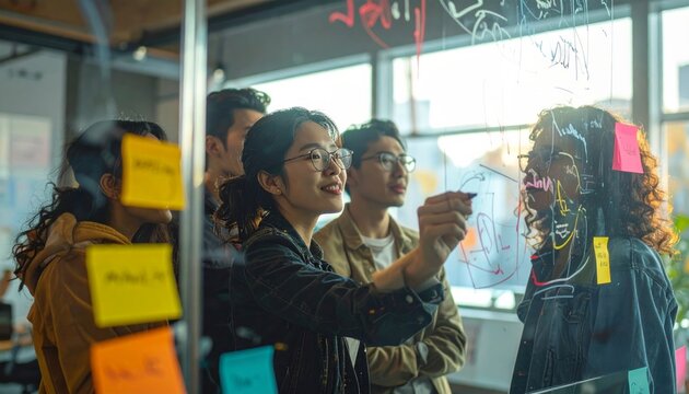 Diverse group of people brainstorming together.