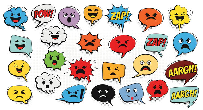 A colorful illustration of various cartoon speech bubbles and emoticons