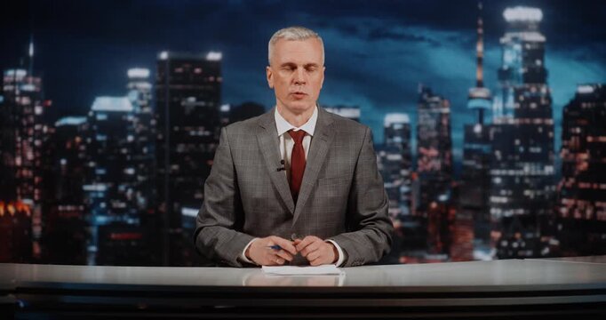 Experienced Political Show Host Delivers Powerful Monologue During Live Studio Discussion on Global Affairs. Concept of Influence of Televised Debates on Public Consciousness and Political Narratives.