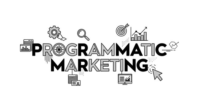 Programmatic marketing typography concept with digital advertising icons in thin line art style