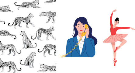 Cheetah pattern collection with business woman on phone and ballerina dancer vector illustration set isolated background © MstTanzila