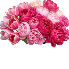 Fototapeta premium Lush floral arrangement with pink tulips, roses, peonies, and carnations in full bloom isolated on white background