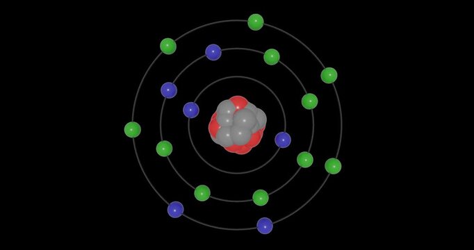 3D animation of Chlorine (Cl; Z=17) atom in the Bohr model with electron orbits, nucleus, protons, neutrons, and energy levels in a seamless loop. Ideal for STEM education and scientific visualization
