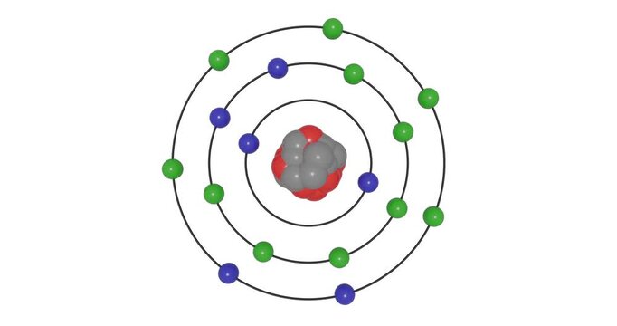3D animation of Chlorine (Cl; Z=17) atom in the Bohr model with electron orbits, nucleus, protons, neutrons, and energy levels in a seamless loop. Ideal for STEM education and scientific visualization