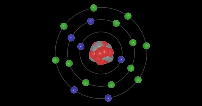 3D animation of Argon (Ar; Z=18) atom in the Bohr model with electron orbits, nucleus, protons and neutrons, energy levels in seamless loop on transparent background. Ideal for STEM education visuals