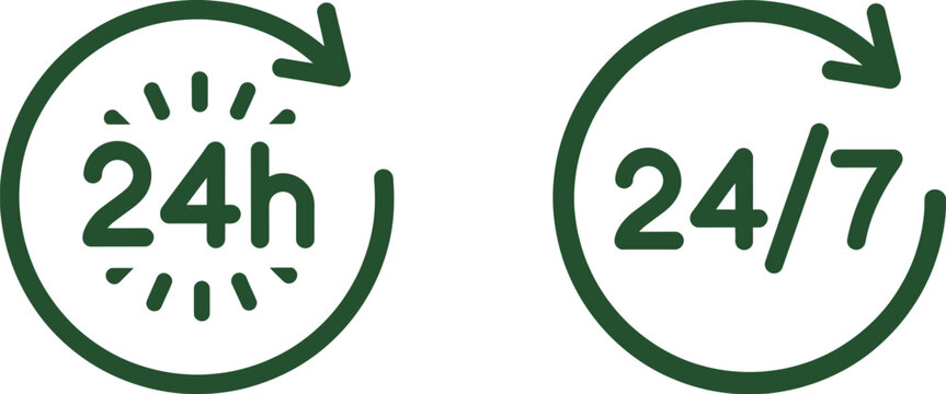 Service, 24 hour and 247 icons for nonstop availability, customer support symbol, all time service concept, clean modern vector illustration design.