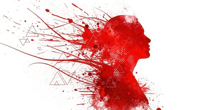 Abstract red silhouette of a womans head exploding into paint and geometric shapes isolated on white background