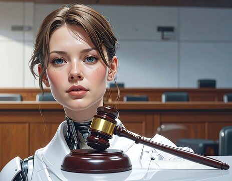 A robotic woman with brown hair and blue eyes holds a gavel