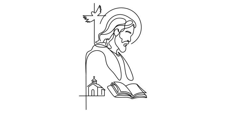 Minimalist line art illustration of jesus christ with a dove and a small church and bible icon Vector, illustration