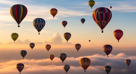 Naklejka premium A serene landscape of hot air balloons floating above the clouds at sunset