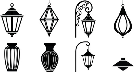 Set of black silhouette featuring various hanging lanterns and decorative vases © Tihami