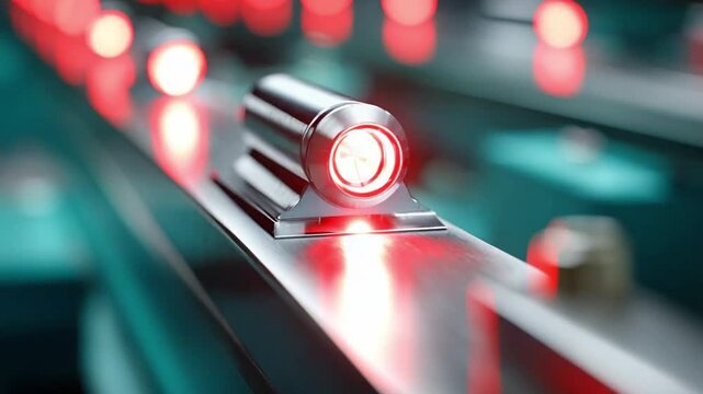 Illuminated Conveyor Belt: A close-up shot of a modern automated conveyor system, showcasing a sequence of glowing red lights integrated within its metallic structure. 