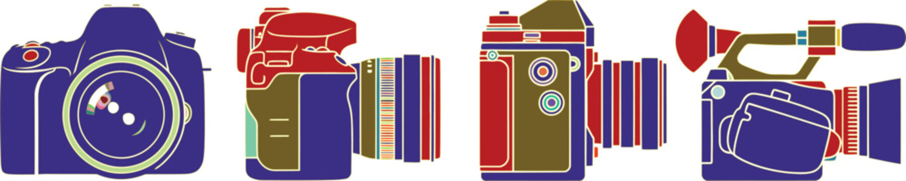Set of four colorful camera including dsl rs and a camcorder