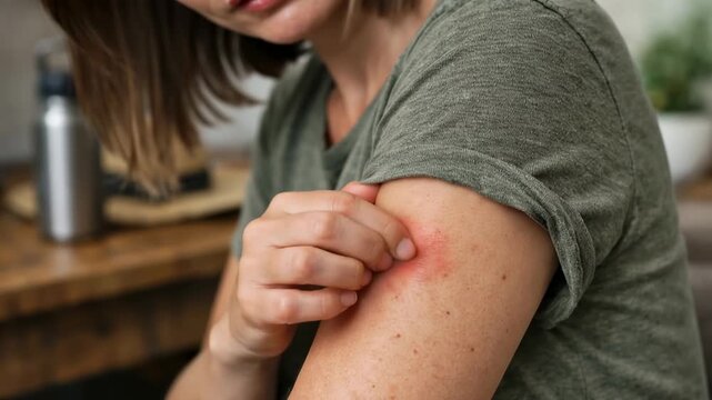 Red irritated skin after tick bite close view allergy infection risk health problem medical concept