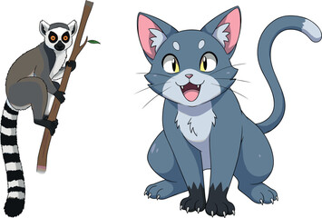 Cute animal characters with lemur on branch and smiling cat cartoon vector illustration set isolated background © MstTanzila
