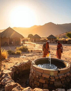 Traditional Himba village in Namibia at sunset with people and a water well.